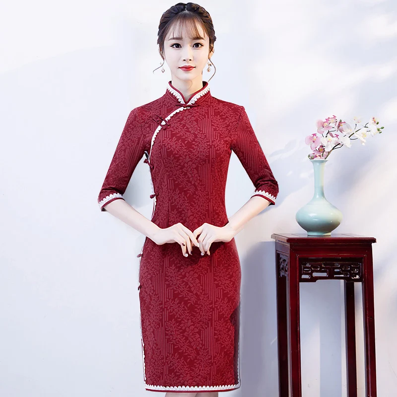 Longitud Collar Señoras Parte Chino S Borgoña La Cheongsam Vestido 2019 Qipao Slim Mandarín Mujer De xxxl Rodilla Estilo YzrYAwq