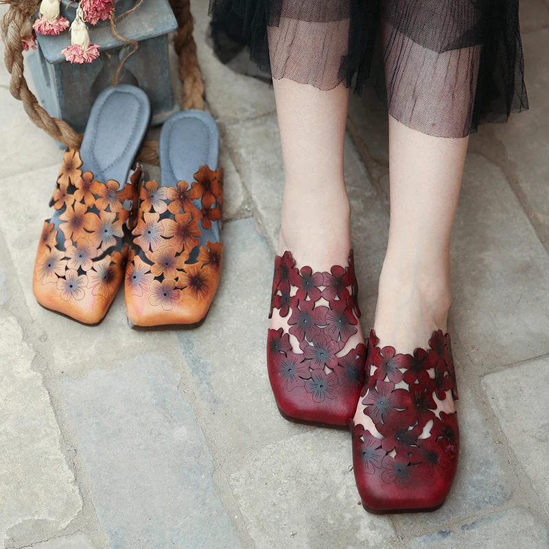 

Genuine leather vintage Baotou slippers cool outside summer sandal hollow out low heel women's shoes square head