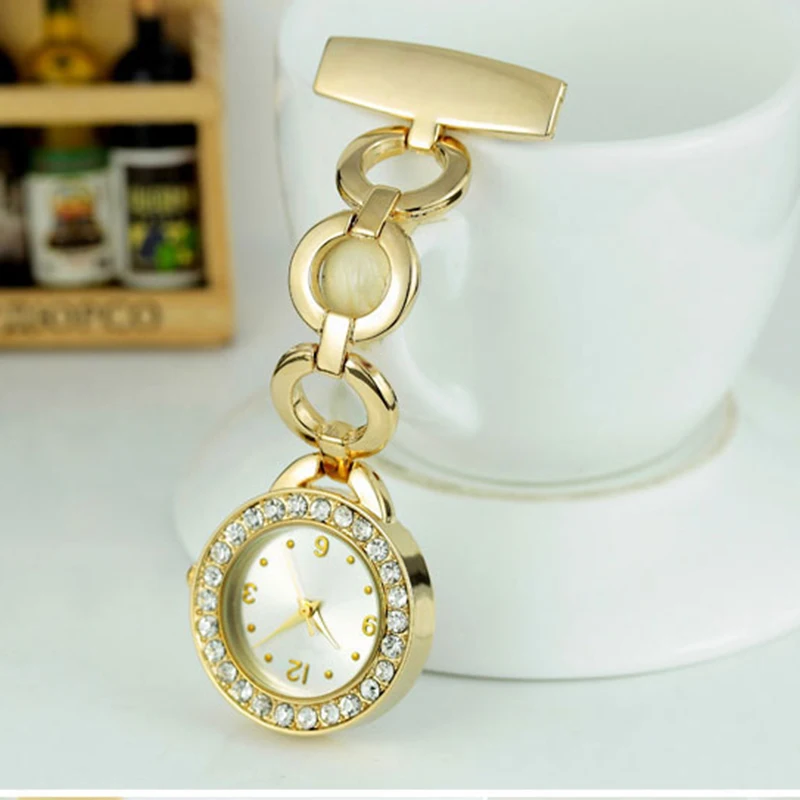 2 Colors Rhinestone Crystal Stainless Steel Watch Elegant Woman Lady Quartz Brooch Nurse Watch Women Gold Silver Luxury Watches