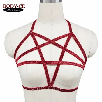 

BODY CAGE Pentagram Harness Cage Bra Red Bondage Lingerie Strappy Tops Adjust Size Goth Erotic Womens Sexy Halter Bustier Corset