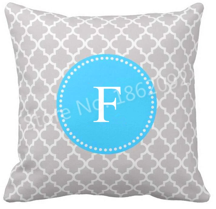 

Grey Aqua Blue Moroccan Monogram Cushion Cover Personalised Initial Throw Pillow Case Custom Pillows Caes Quatrefoil Decor Gifts