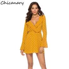 Chicanary Polka Dot Frill Detail Flare Sleeve Wrap Dress Women Ruffles Sleeve One-pieces Dresses exaggerate bow detail trumpet sleeve dress