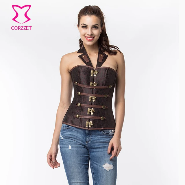 Brown Halter Neck Collar Gothic Corset Bustier Sexy Steampunk