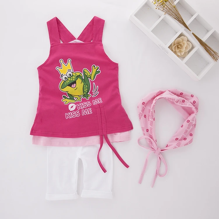 Летние популярные наборы розового цвета для маленьких девочек, комплект одежды из 3 предметов с принтом лягушки, детская одежда для девочек