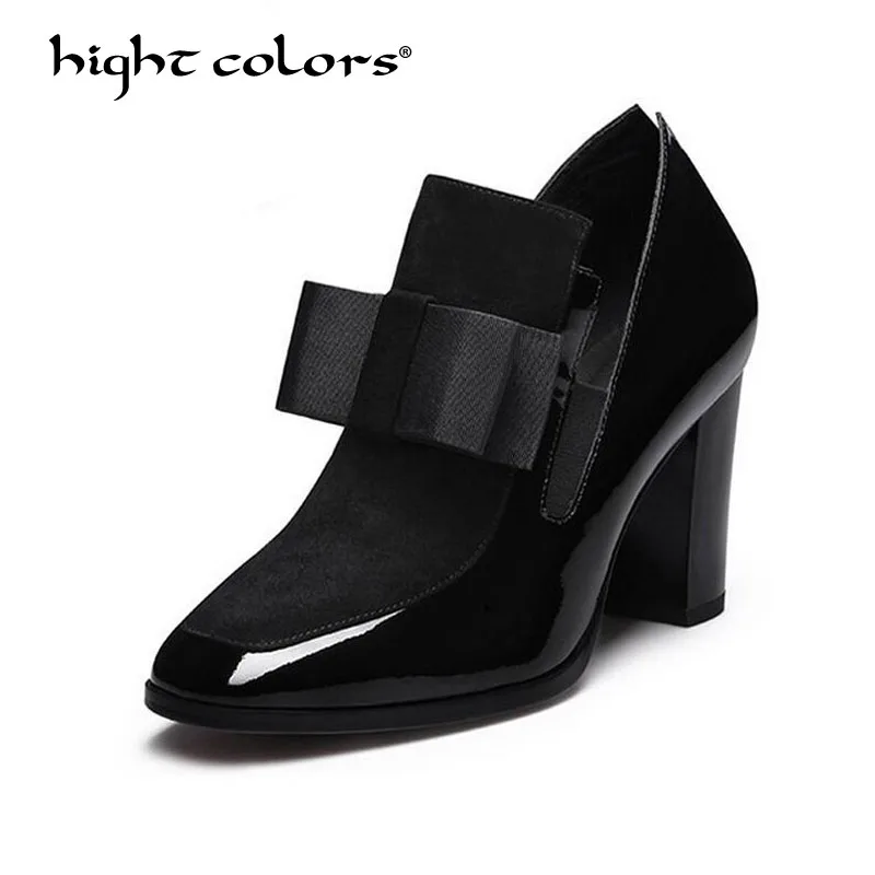 

Plus size 34-43 New 2018 BLACK Bowtie High Heels Pumps Square Toe Genuine Leather Shoes Women Ladies Sexy Chaussure Femme HC-413