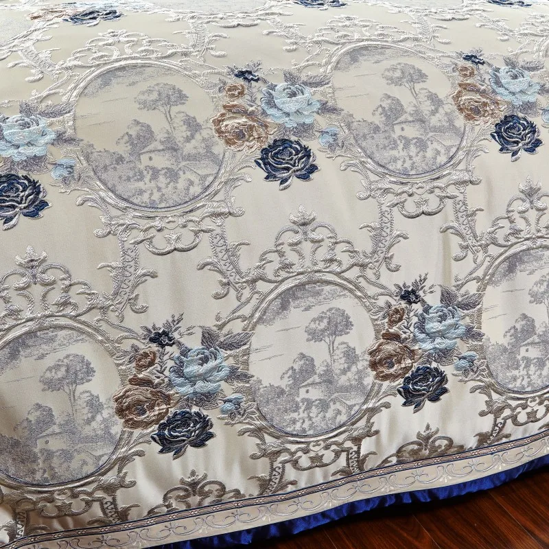 Cotton Flat sheet Bed Spread Duvet Cover Pillowcases Blue Jacquard Luxury Bedding Set 7