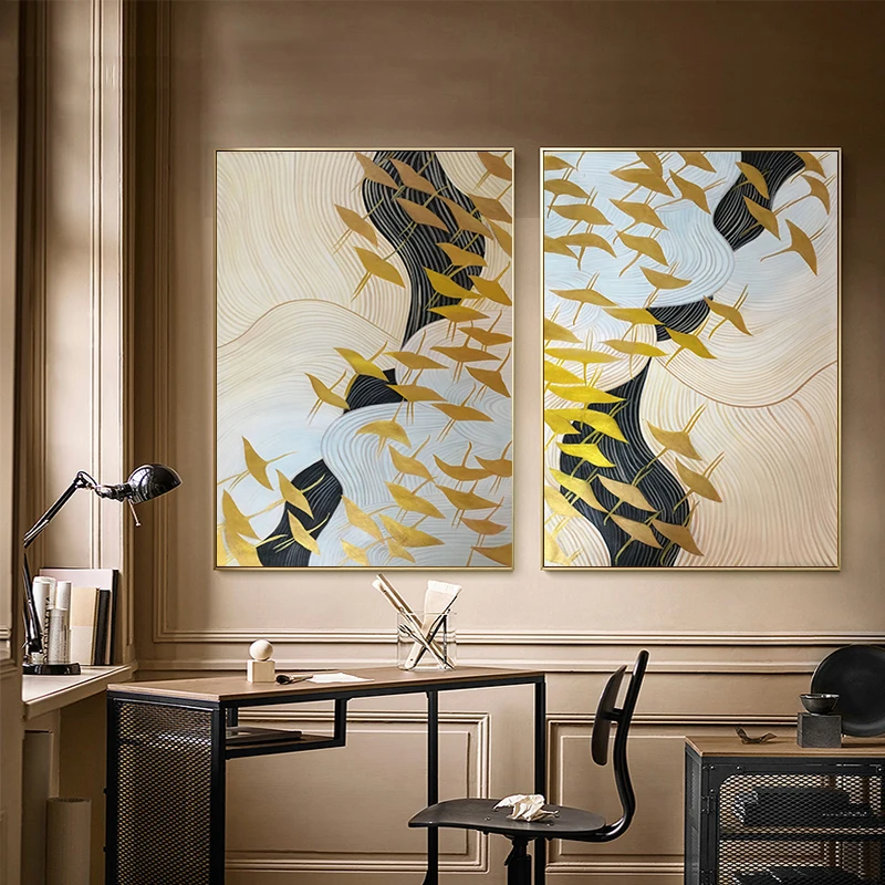 

2 pieces Gold art Abstract canvas paintings wall art pictures for living room home hallway wall decor gold birds acrylic quadro