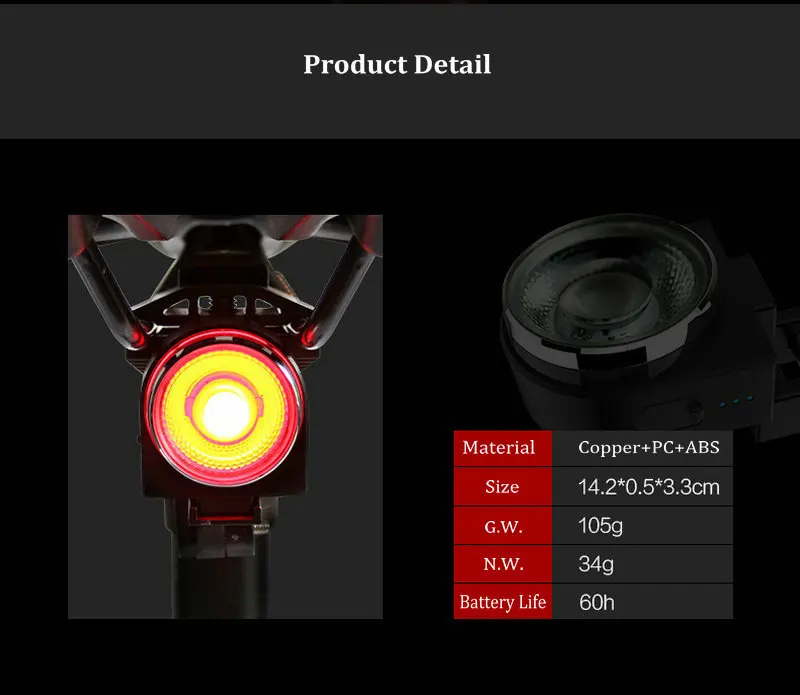 XC USHIO Bicycle Taillight New LED USB Rechargeable Safety Warning Lamp Waterproof Road MTB Bike Saddle Rear Smart Light 4 Mode  (2)
