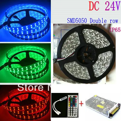 dc24v-5m-164ft-120leds-mダブル行5050-rgb-ledストリップ600leds-smd-light防水ip65-mini-44-key-irリモートコントロールコントローラー電源