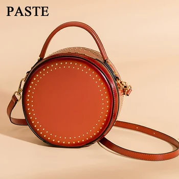 

PASTE Bag Female 2018 Women Messenger Bags Genuine Leather Retro Rivet Small Shoulder Bag Casual Handbags Mini Round Bags LSH304