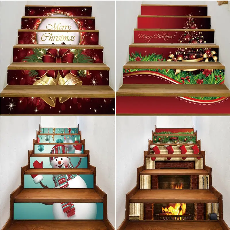 

6pcs 3D PVC 2018 Christmas Wall Stickers Snowman Fireplace Self-adhesive Stair Stickers Xmas Home Decor Wall Sticker Newest