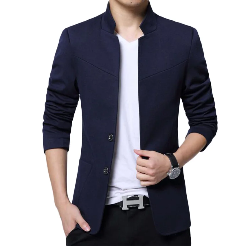 HCXY Для мужчин Блейзер Для мужчин высокое качество Повседневное пиджак мужской стоячим воротником Пиджаки для Для мужчин Slim Fit сплошной гладкой ткань