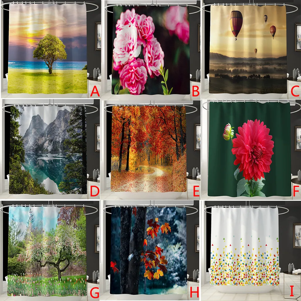 

4PCS Non Slip Printed Pattern Shower Curtain Pedestal Rug Lid Toilet Cover Mat Bath Mat Set Bathroom Curtains
