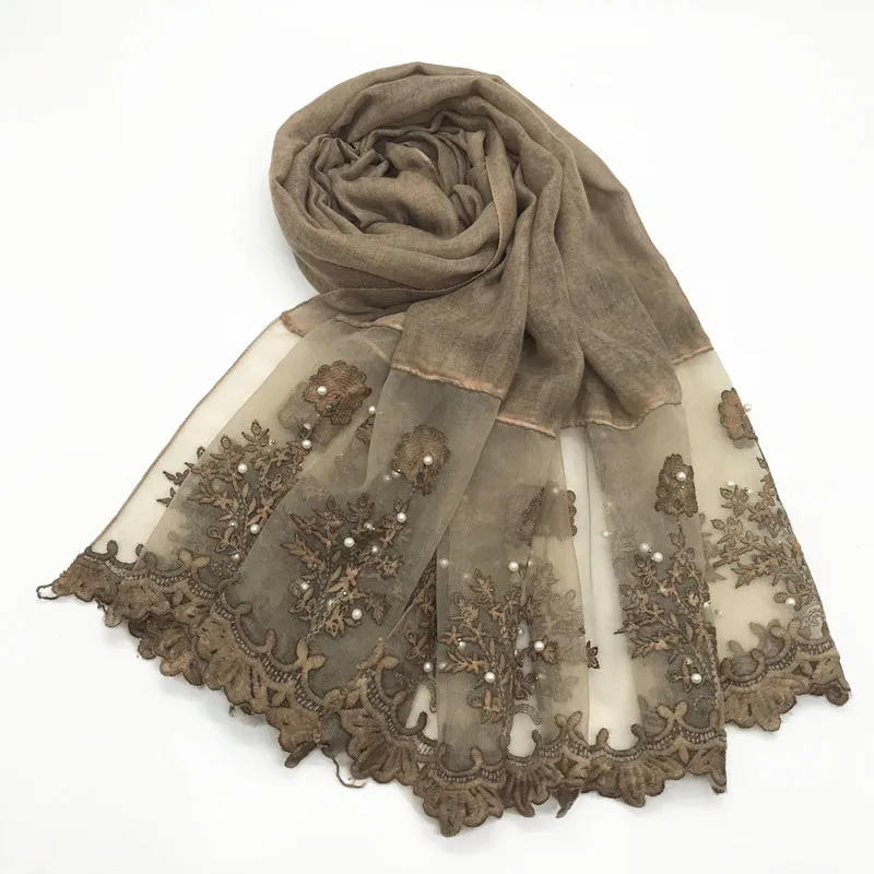 

1pc Solid color Two-Sides Lace Women foulard hijab Shawl Muslim Scarf Nailed Pearl Plain Stitching Wrap Female Malaysia Hijab