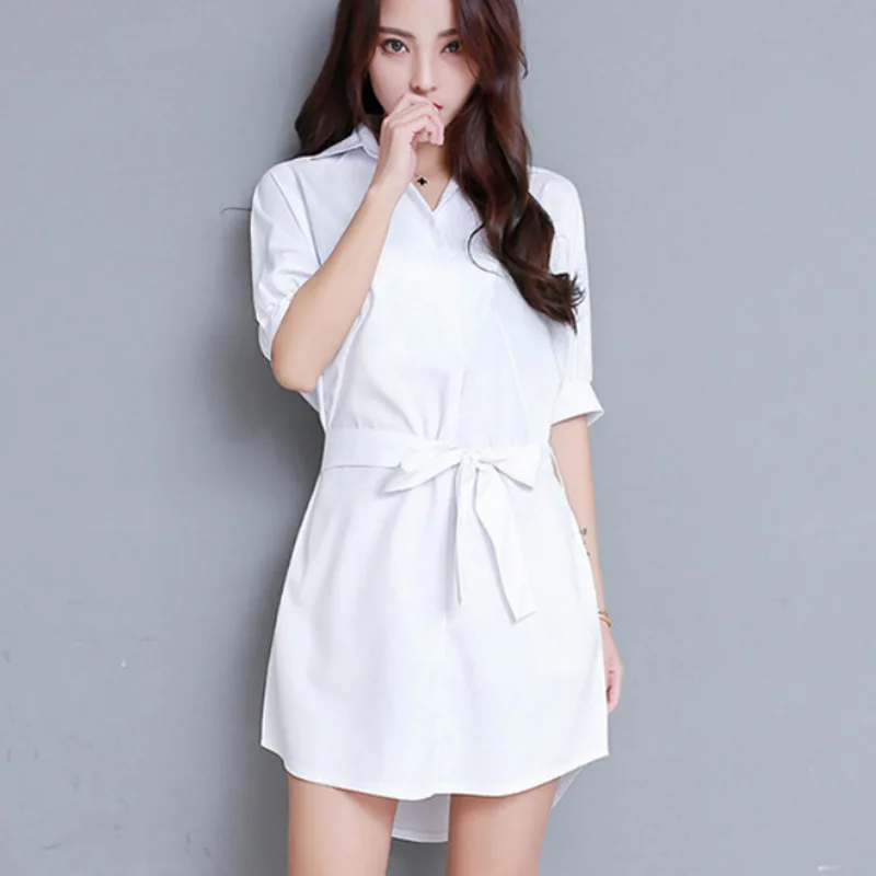 

Large Size S-XXL Korean Elegant Bandage White Long Blouse Women Shirt Turn-down Collar Short Sleeve Shirt Women Summer Tops 2019
