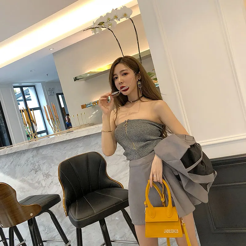 Courte coat Skirt Costume Veste 2019 Sling Pièces Solide De Gray Printemps gray Cou Poches Rosée Slash Des Deux Manches piece Ensembles two Casual Full gray Chemise Femmes Feshion trouser Épaule U7SwqwC
