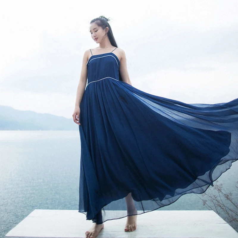 

IRINAW690 summer 2018 new arrival women beach style simple vintage spaghetti straps sleeveless long chiffon dress