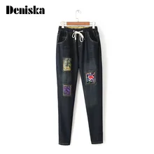 Вышитые Джинсовые Брюки Рваные Джинсы Плюс Размер Урожай Pantalones Прямо Drawstring Брюки 2017 Дамы Цветы Джинсы Женские