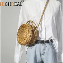 Women Handbag Summer Beach Tote Circle Bag Handmade Rattan Woven Round Handbag Vintage Retro Straw Knitted Messenger Bag