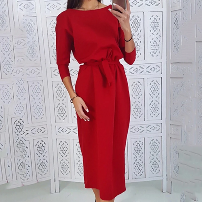 

Women Vintage Sashes Straight Backless Dress Ladies Seven Sleeve Dress Winter Office Lady Elegant Women Dress vestido de mulher