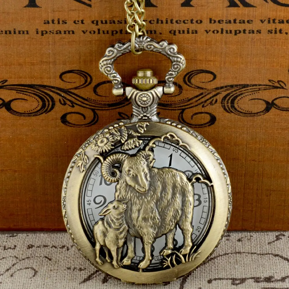 Винтаж бронзовый овец Графический кварцевые карманные часы с цепочкой Ретро для мужчин женщин классический кулон, ожерелье подарок