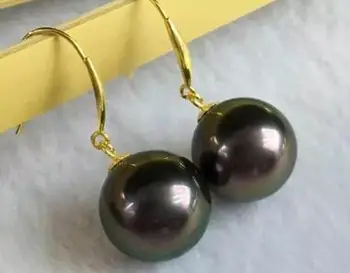 

Free shipping natural 10mm tahitian black green pearl earrings 14 gold