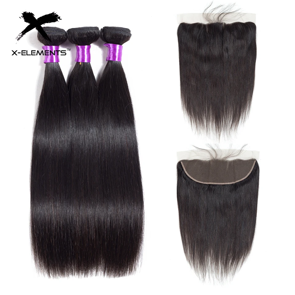 X-Elements Peruvian Straight Hair Bundles with Frontal Natural Color Non Remy Human Hair Weave with 13x4 Lace Frontal (1)