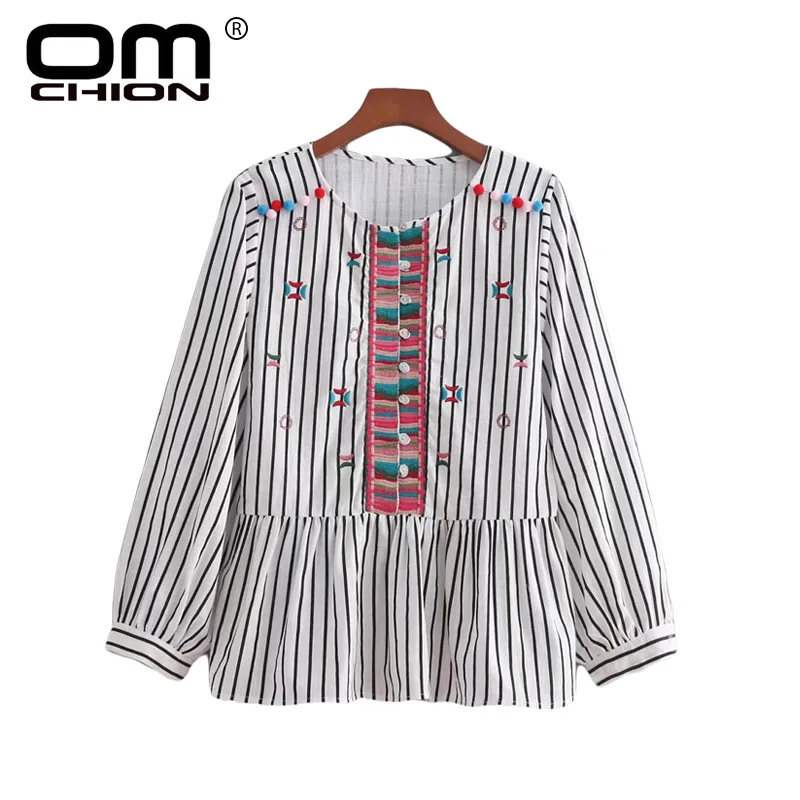 OMCHION Blusas Mujer 2018 вышивка Полосатый многоцветный Hairball Для женщин блузки Лоскутные