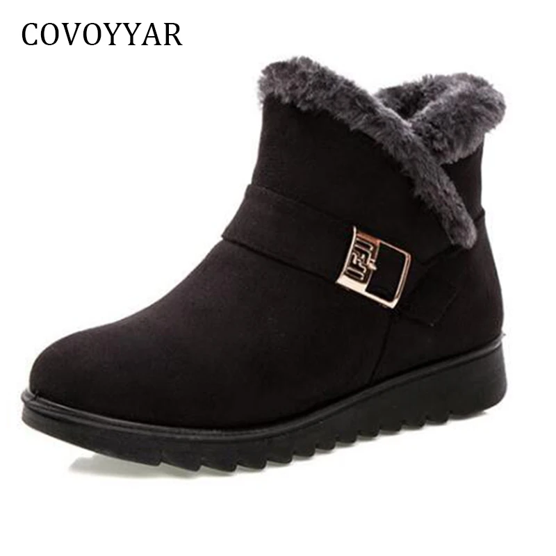 

COVOYYAR Warm Winter Snow Boots 2018 Buckle Fur-lined Women Ankle Boots Comfort Side Zip Low Wedges Mom's Shoes Big Sizes WBS864