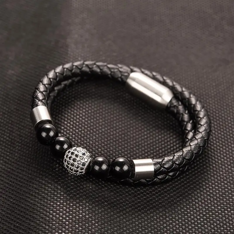 

YAKAMOZ HipHop Leather Bracelet Men Women CZ Natural Stone Beads Stainless Steel Magnetic Clasp Bangles Male Jewelry Accessories