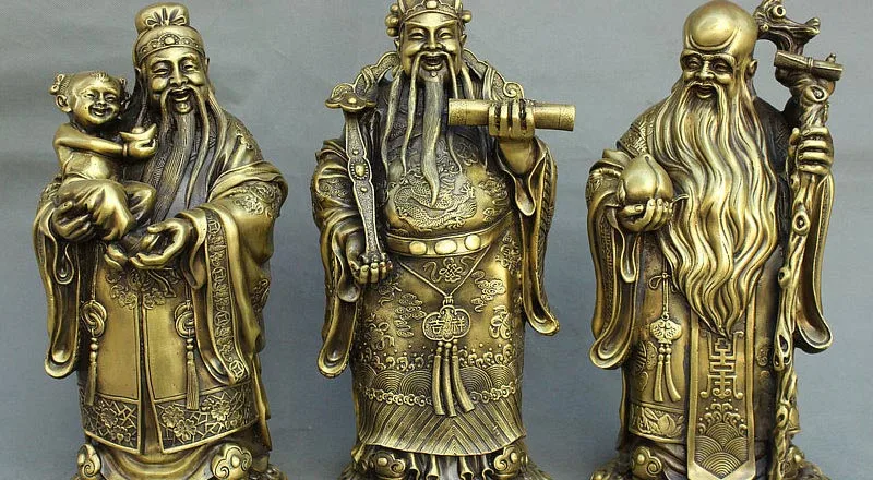 

15" China Pure Bronze 3 Longevity God Fu Lu Shou Life Immortal Mammon Statue Set