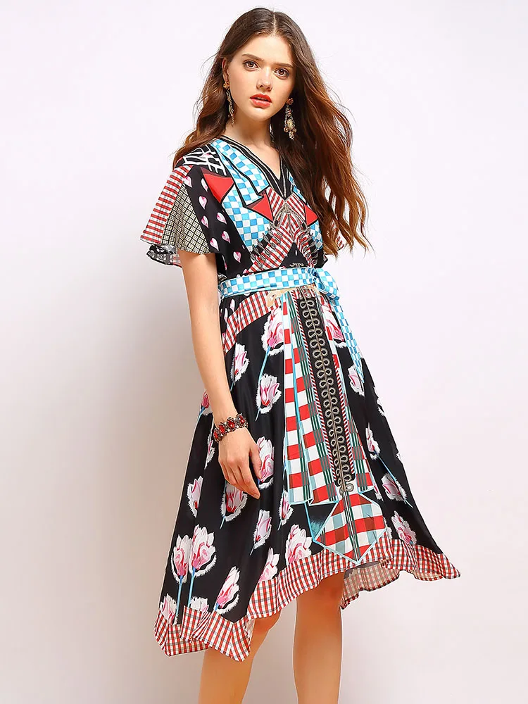 Женское платье с бантом LD LINDA DELLA, винтажные ассиметричные платья для отпуска с V-образным вырезом, с оборками и цветочным принтом, лето - Цвет: Многоцветный