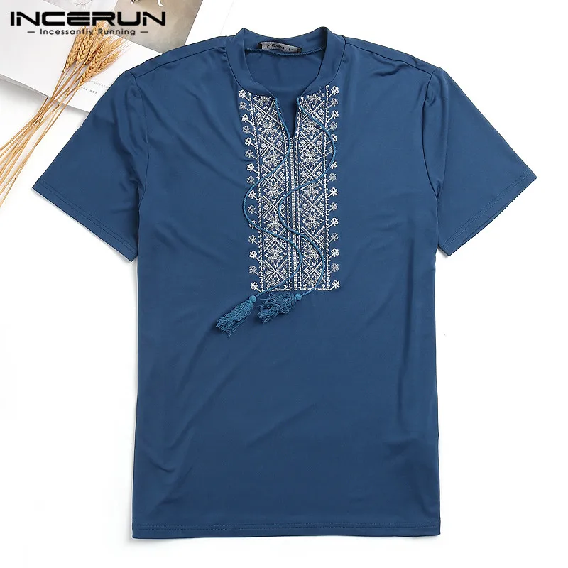 Украинский стиль, вышитые этнические мужские футболки, мужские и женские футболки, топы с коротким рукавом и стоячим воротником, Свободные повседневные футболки, белая одежда - Цвет: Blue