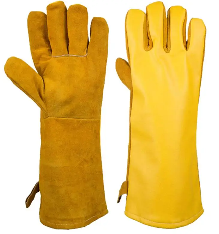 Кожаные перчатки для барбекю, термостойкие перчатки для приготовления пищи, рукавицы для выпечки, садовода, плотника, защитное снаряжение для работы B33 - Цвет: Leather and PU