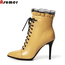 large size 2016 winter new fashion women boots stiletto high heels pointed toe shoes genuine leather solid black ankle boots цена large size 2016 winter new fashion women boots stiletto high heels pointed toe shoes genuine leather solid black ankle boots цены онлайн