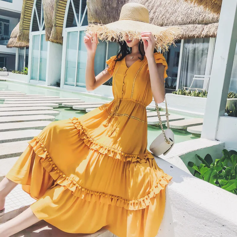 

KHALEE YOSE Yellow Long Summer Dress Holiday Boho Chic Dresses Womens Ruffles Layer Button Front Elastic Waist Beach Party Dress