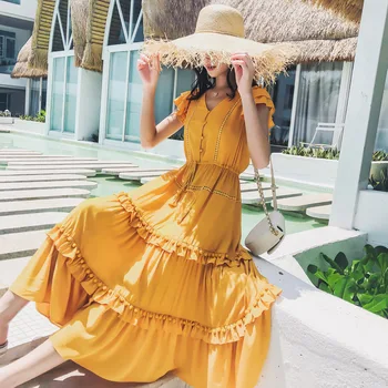 

KHALEE YOSE Yellow Long Summer Dress Holiday Boho Chic Dresses Womens Ruffles Layer Button Front Elastic Waist Beach Party Dress