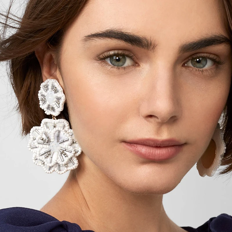 JUJIA Spring White Big Earrings for Women 2019 Trendy Beads Flower Cotton Tassel Fringes Dangle Drop Earrings Wedding Jewelry