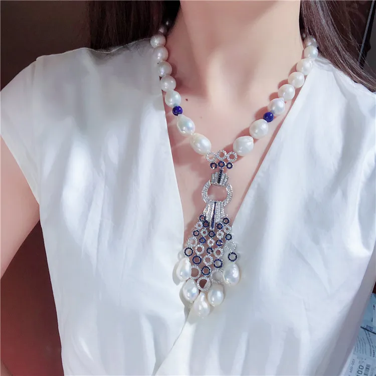 

Hand knotted domineering natural white baroque pearl fringe necklace micro inlay zircon accessories fashion jewelry
