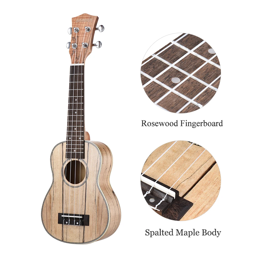 Хорошее качество ammoon Soprano Ukelele 21 дюймов Spalted клен тело палисандр гриф Гавайская гитара укулеле набор