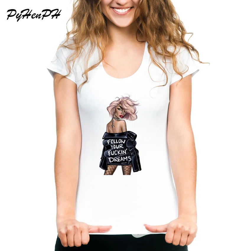 

New 2019 Korean Style Follow Your Dream Printed T Shirt Women Cool Gril Design Tee Shirt Femme Casual Harajuku Tshirts