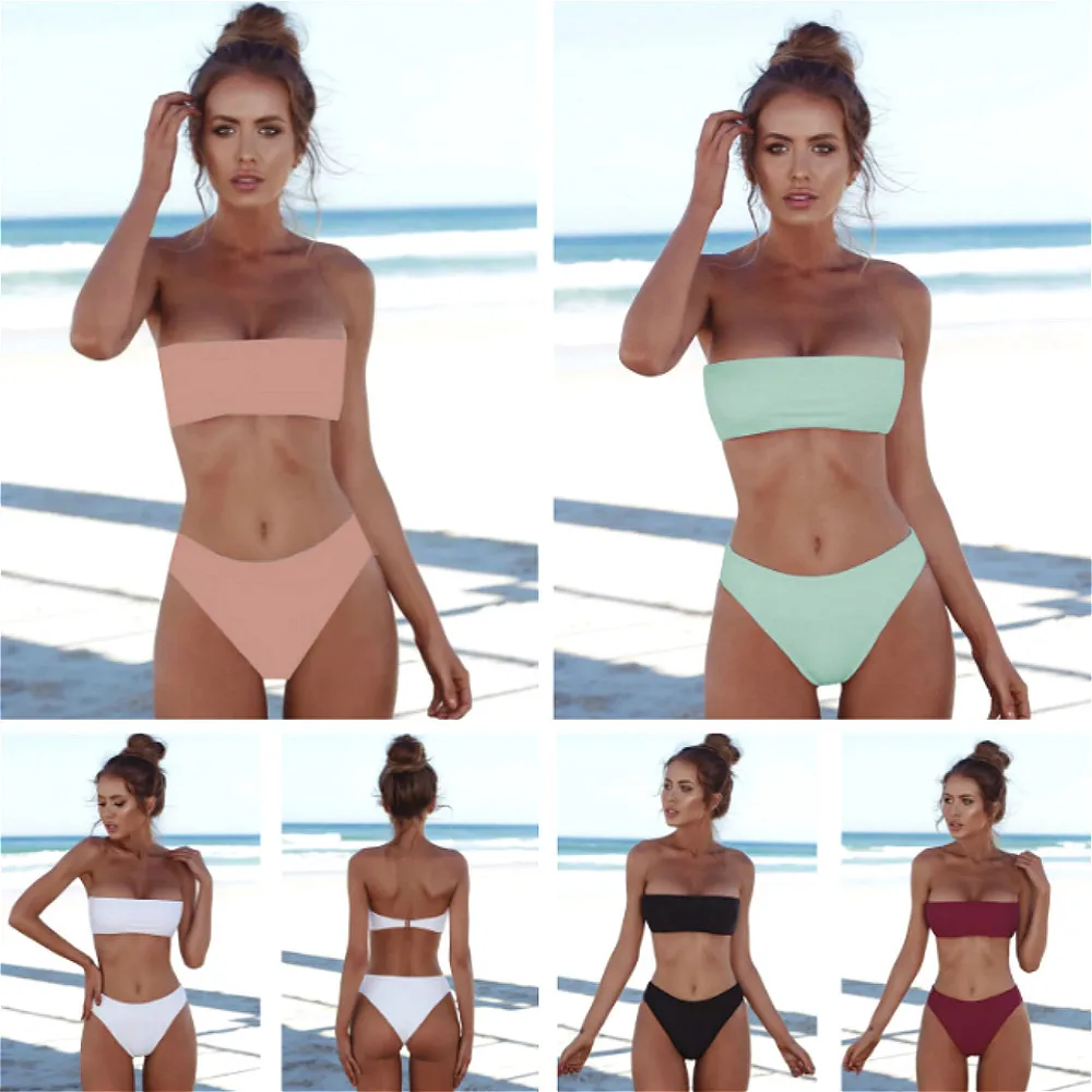 

2018 New Women Ribbed High Cut Bandeau Bikini Set Swimwear Women Swimsuit Strapless Bikini Padded Bathing Suit Brazilian Biquni