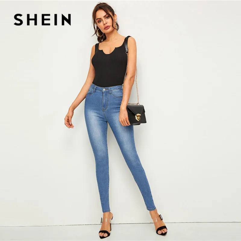 SHEIN отбеливание карман Эластичные Обтягивающие джинсы женские Повседневное джинсовые Высокая Талия джнисовая пуговица и застежка-молния синие женские джинсы