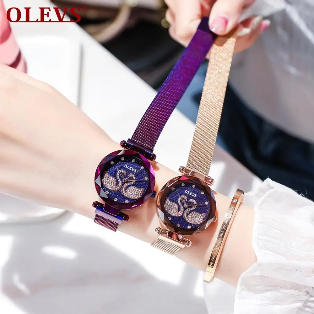 Olevs Fashion Trends 2019 Latest Design Quartz Women's Watch Swan Inlay Zircon Quartz Watch Black/Blue/Gold/Purple