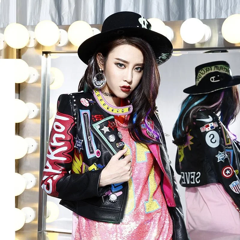 

2016 New Women's Fashion Melinda Style Design Leather Zipper Jacket Letter Graffiti Print Pattern Coat Bomber Jacket Woman