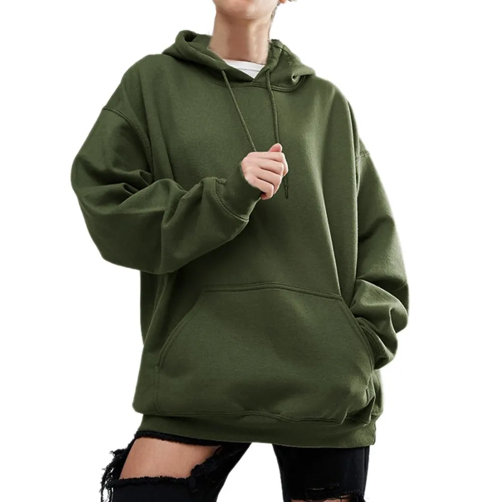 Oversized 5XL Army Green pocket Solid Color Pocket hooded Hoodie Women