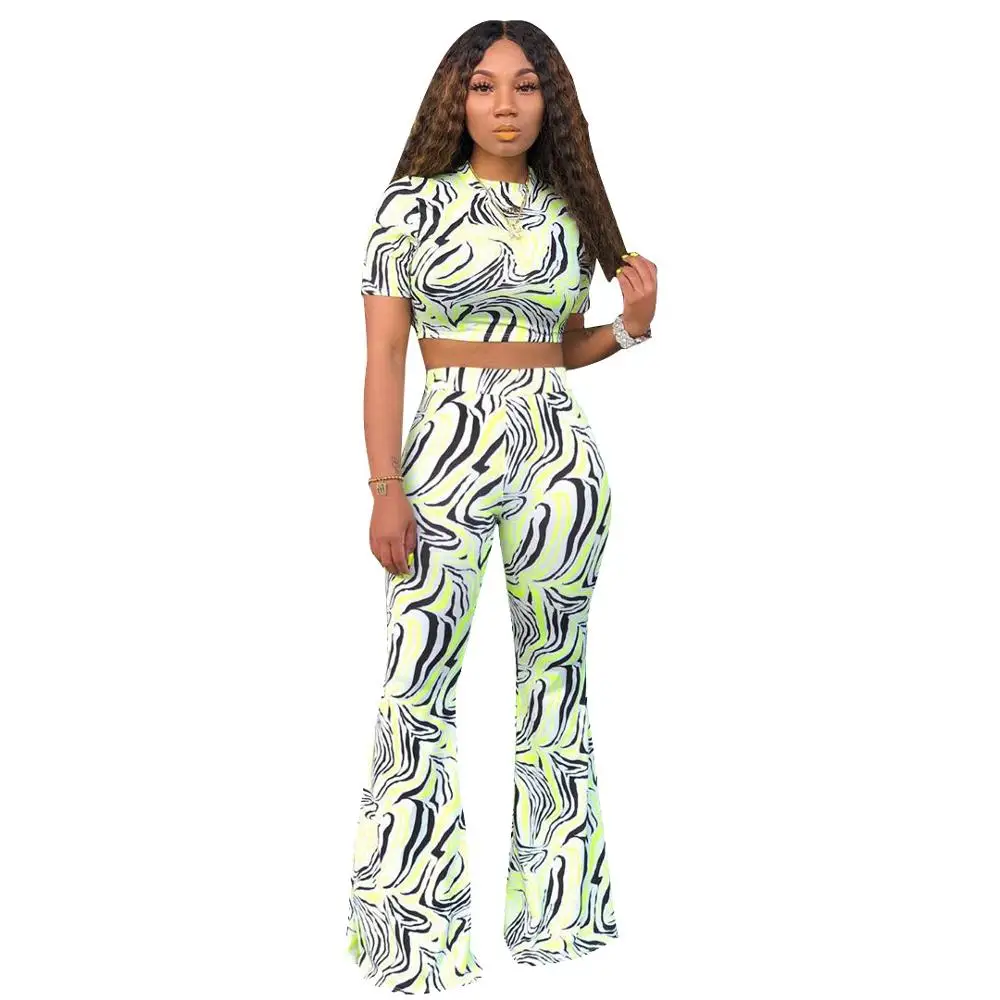 

Zebra Pattern Print 2 Piece Set Women Casual O Neck Short Sleeve Crop Top With Long Pants Women Set Sexy Bodycon Women Outfit