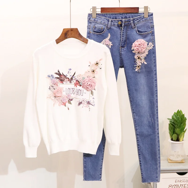 2 Pantalon Broderie Floral Chandail Costumes Jeans Tricoté Automne Pièces Ensemble Oiseaux Femmes 2018 Hiver Deux RE8xS
