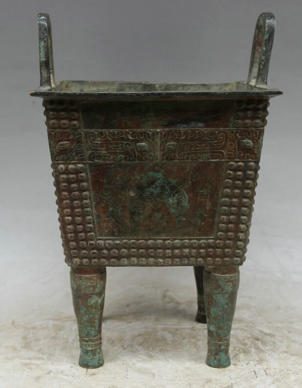 

song voge gem S1952 12" Old Chinese dynasty Bronze 4 Foot square handle Incense Burner Censer Ding