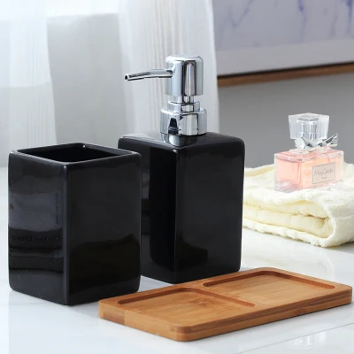 Год керамическая жидкость для мытья рук розлива с чашкой деревянная подкладка отель мыло диспенсер эмульсия бутылка аксессуары для ванной комнаты - Цвет: Черный